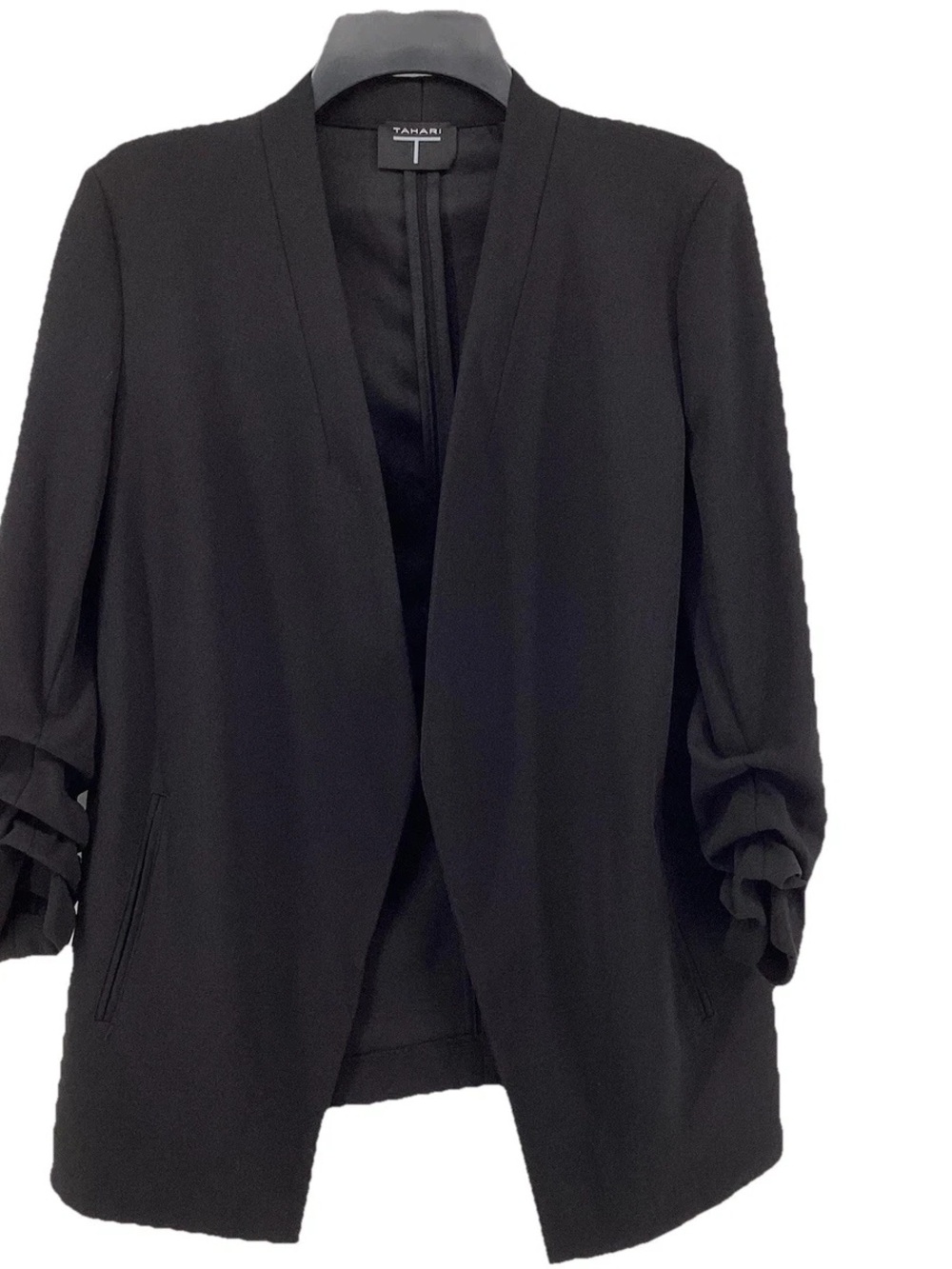Tahari Black Open-Front Blazer with Rolled Sleeve Detail